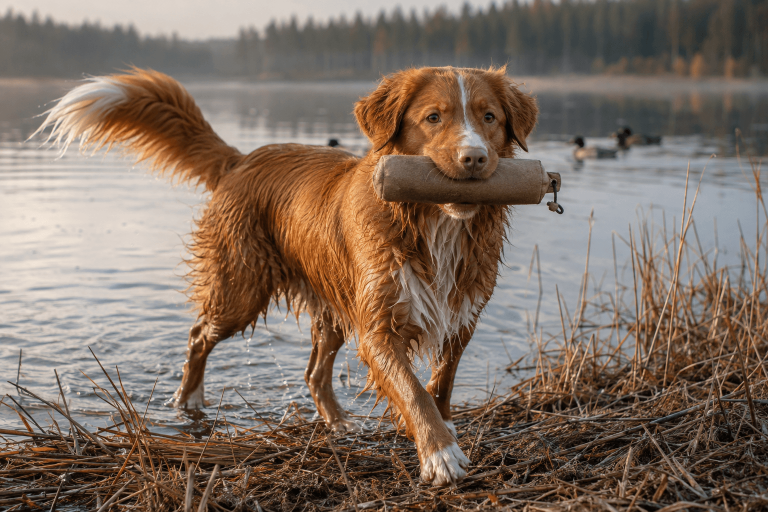 Nova scotia duck tolling retriever i en miljö som anknyter till rasens ursprungliga arbete