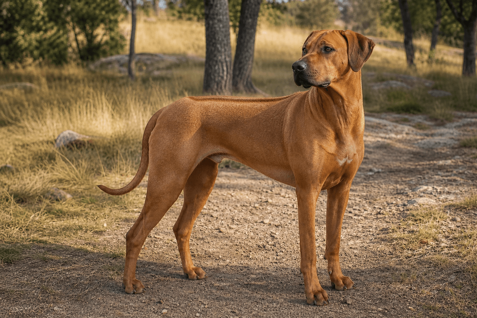 Rhodesian ridgeback i en miljö som anknyter till rasens ursprungliga arbete