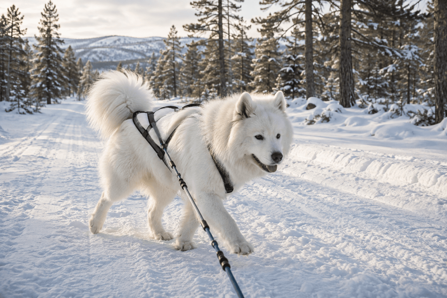 Samojedhund i en miljö som anknyter till rasens ursprungliga arbete