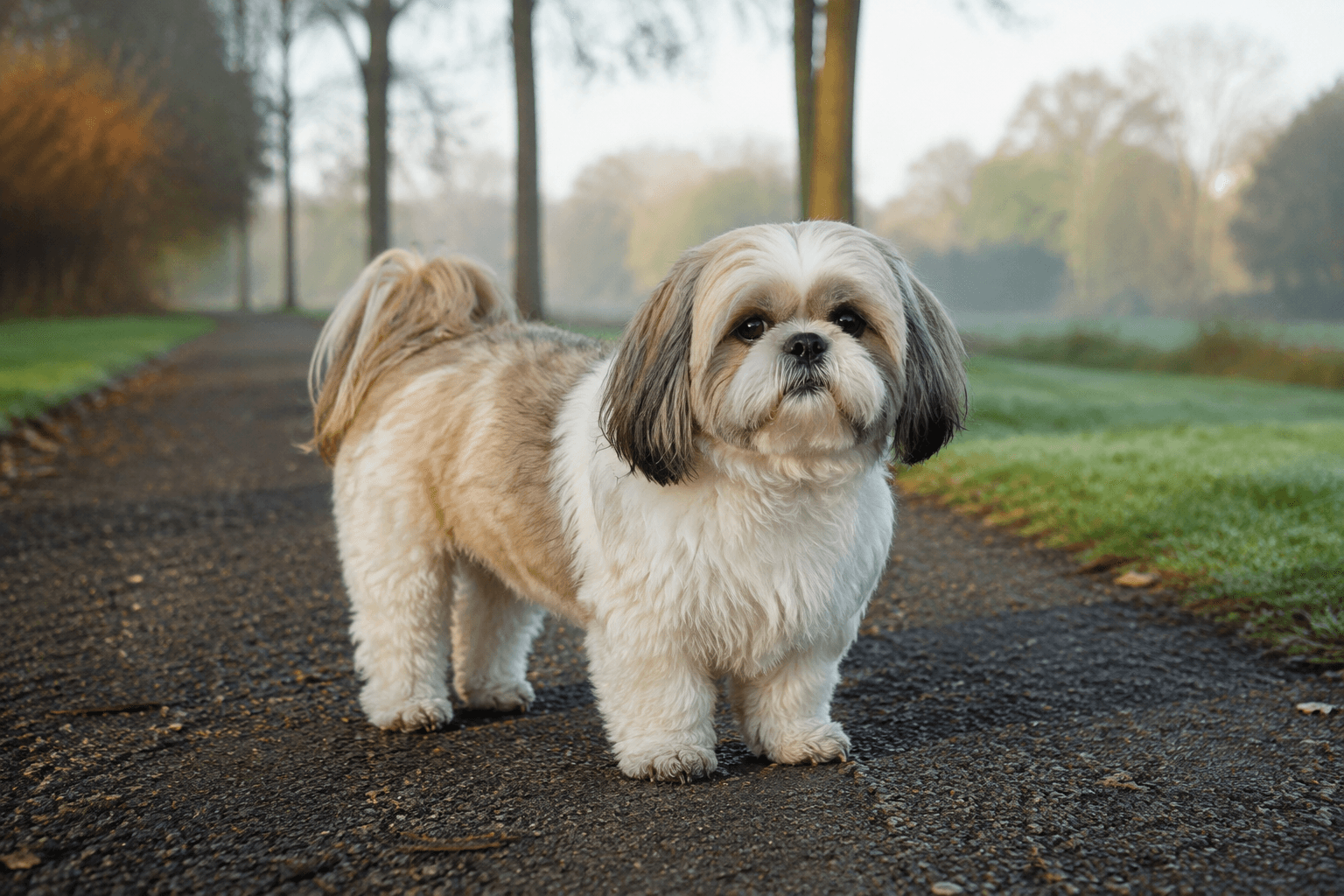 Shih tzu i en miljö som anknyter till rasens ursprungliga arbete