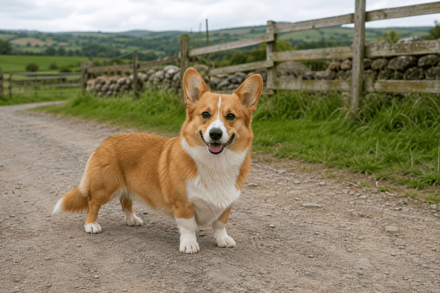 Welsh corgi pembroke i en miljö som anknyter till rasens ursprungliga arbete